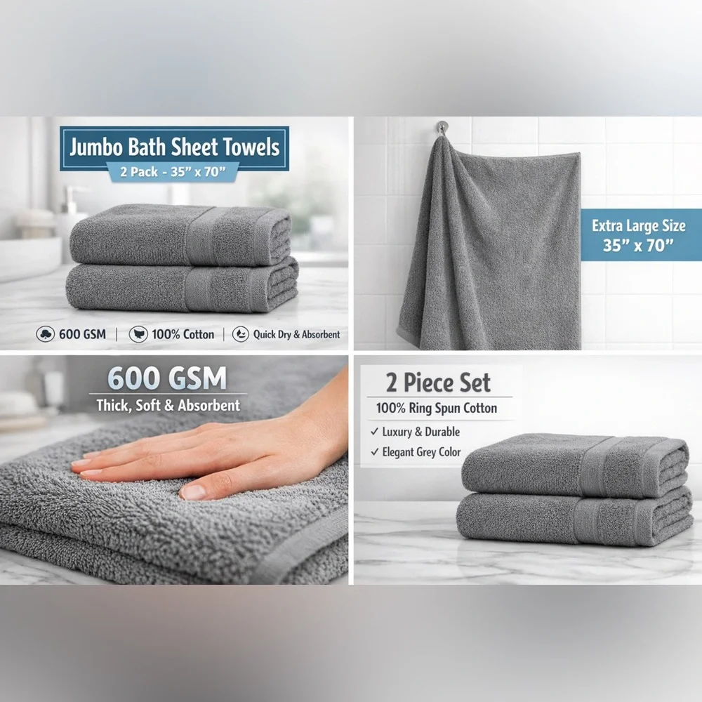 2 Set Jombo Extra Large Cotton Bath Sheet Towels – 35x70, Quick Dry Grey